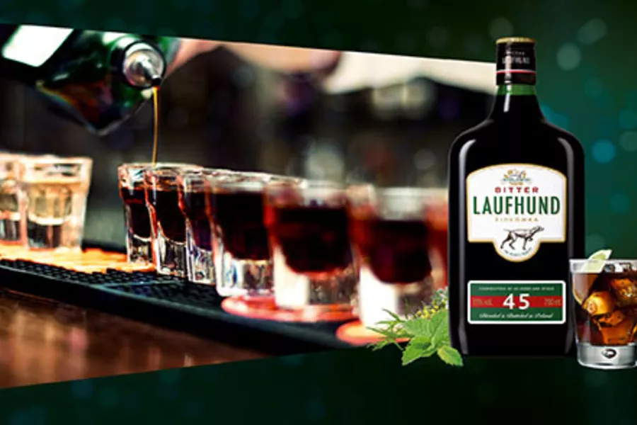 Zdjęcie butelki Bitter Laufhund Ziołówka – wyróżniona Godłem Promocyjnym i tytułem TOP PRODUKT, maksymalne oceny w smaku, wyglądzie i stosunku jakości do ceny